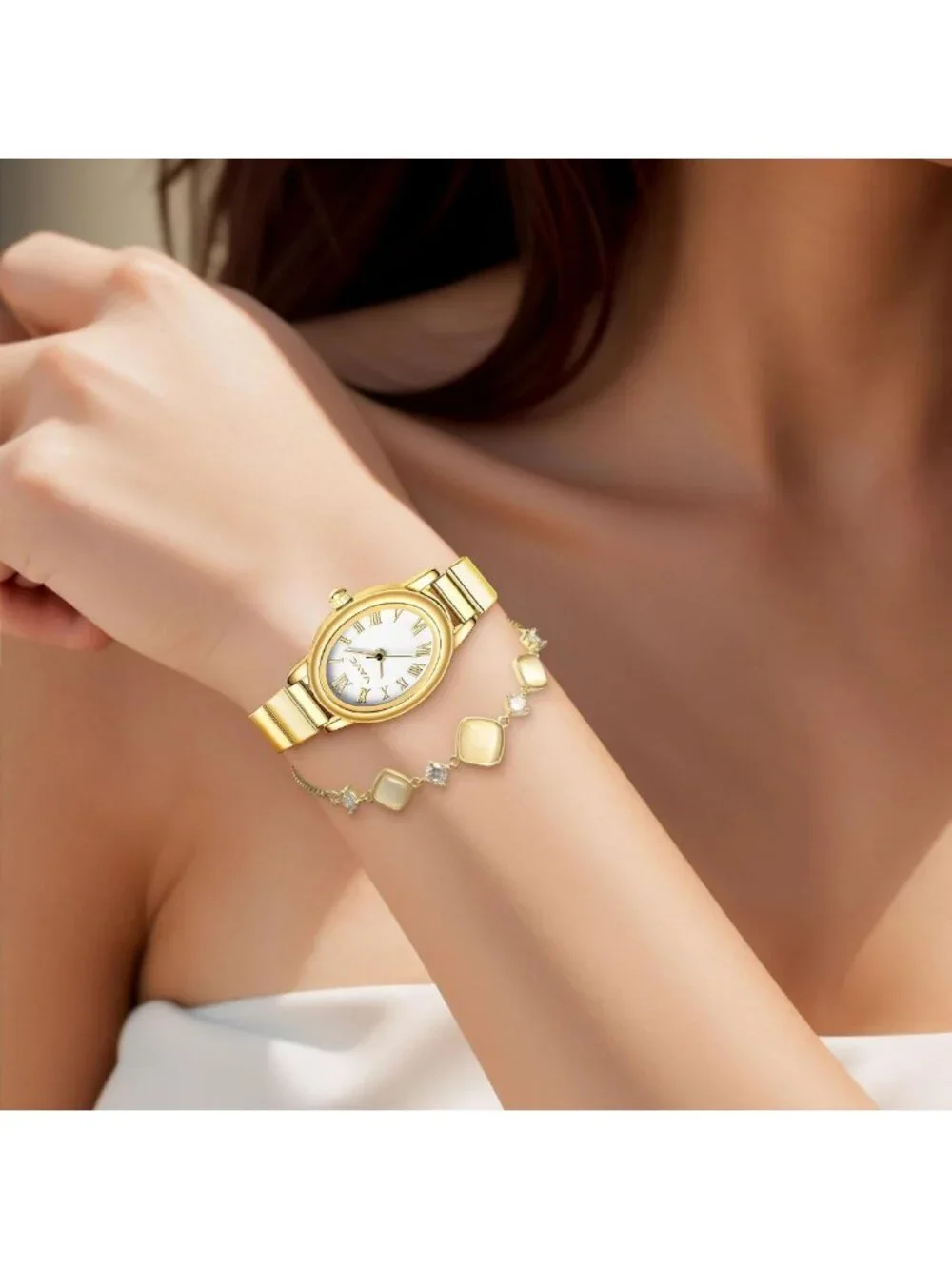 Elegant Gold Women's Watch, Analog Design, Stainless Steel Band, Oval Roman